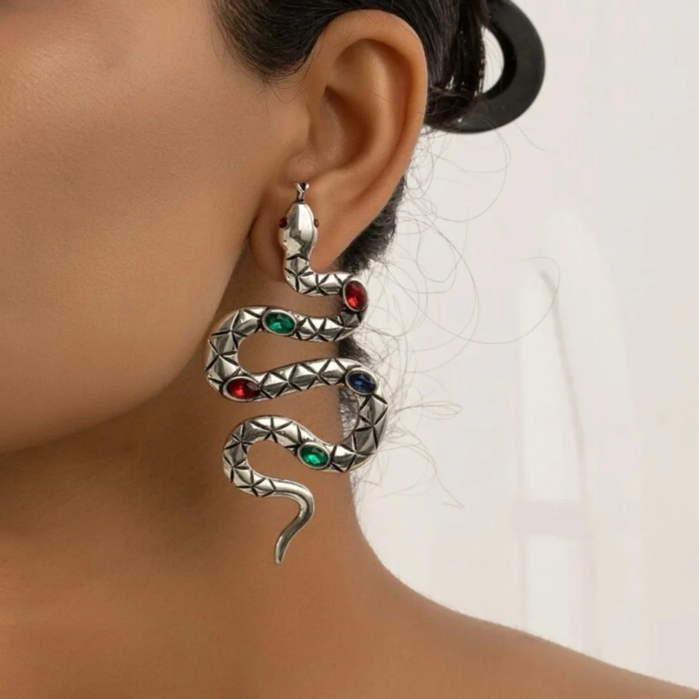 π Awesome Large Metallic Jeweled Serpent Snake Stud Earrings π - Picture 1 of 4